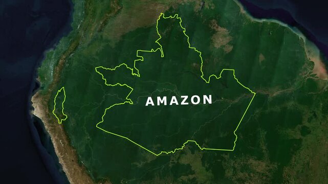 Zoom from Earth to the Amazon forest, 3d satellite map animation.