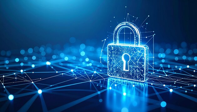Abstract glowing padlock icon symbolizing internet security, data protection, and cybersecurity on a digital network background