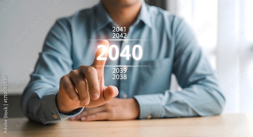 Poster exploring future trends and predictions for the year with man touching virtual screen display