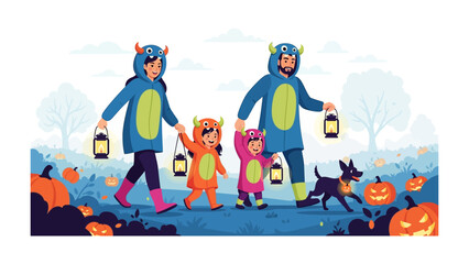 Family Halloween Fun: A cheerful family, dressed in festive monster costumes, enjoys a whimsical Halloween adventure, filled with the spirit of joy, pumpkins, and playful exploration.