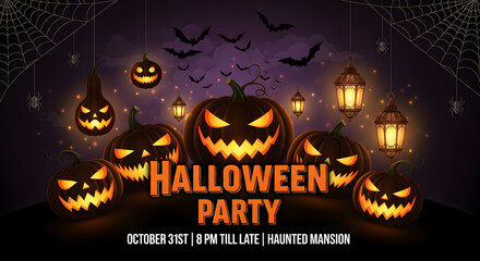 Spooky Halloween Party Invitation Banner with Glowing Jack-o'-lanterns, Bats, and Spiderwebs on Dark Background