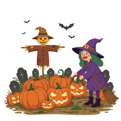 A vibrant 2D flat vector illustration depicts a smiling witch picking pumpkins of various sizes in a cheerful patch, with a friendly scarecrow standing prominently on a clean white background.