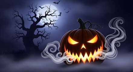 Spooky Halloween Night: Glowing Jack-o'-Lantern, Full Moon, Bare Tree, and Bats in Fog