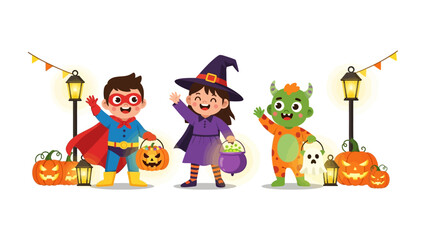 Happy Halloween: Cute children in costumes gather around jack-o'-lanterns, creating a festive scene, symbolizing the spooky holiday.