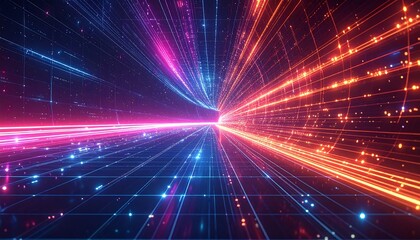 A vibrant digital tunnel depicts lines of data traveling in parallel, with streaks of neon-like colors flowing towards the vanishing point. The scene features a futuristic aesthetic