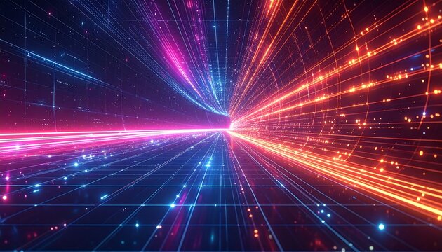 A vibrant digital tunnel depicts lines of data traveling in parallel, with streaks of neon-like colors flowing towards the vanishing point. The scene features a futuristic aesthetic