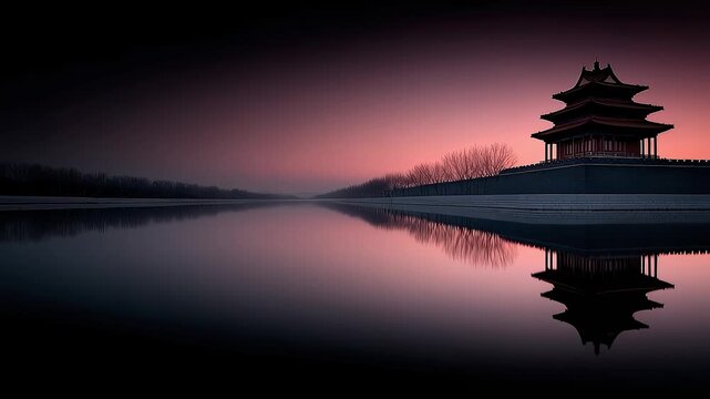 The Corner Tower Under Twilight Reflects the Beauty of Oriental Architecture