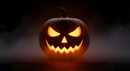 Glowing Jack-o'-lantern with spooky face in dark fog for Halloween night