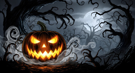 Glowing Jack-o'-Lantern in Spooky Haunted Forest under a Full Moon with Fog - Halloween Night Background