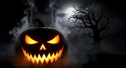 Glowing Halloween Jack-o'-Lantern in Fog at Night with Spooky Tree and Full Moon