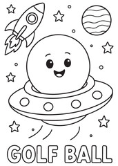 coloring book golf ball astronaut in space with rocket and planets, fun outer space adventure for kids