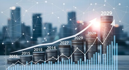 Financial growth chart with coin stacks and upward arrow showing investment growth and returns