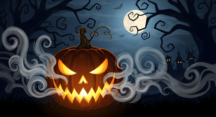 Halloween Night: Spooky Jack-o'-Lantern with Glowing Eyes and Smoke, Full Moon, Dark Trees & Haunted Houses