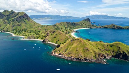 Fototapeta premium Aerial view of a stunning tropical island archipelago. Verdant hills, pristine white sand beaches, and turquoise waters create a breathtaking natural landscape under a clear sky