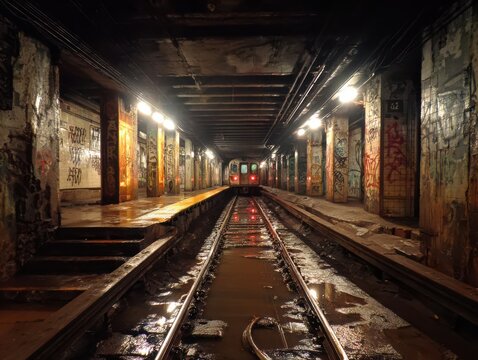 Urban subway station with graffiti-covered pillars and a distant train, creating a gritty, atmospheric scene