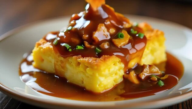 Close up of fluffy egg foo young texture topped with thick brown gravy drizzle 
