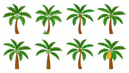 Obraz premium Collection of eight cartoon palm trees with coconuts and one with a yellow fruit
