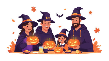 Halloween Family Gathering: A delightful Halloween scene unfolds as a family, donned in festive attire, gathers around a table with illuminated pumpkins.
