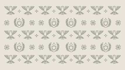Repeating pattern of eagles, shields with wreaths, and stars on a light beige background design element