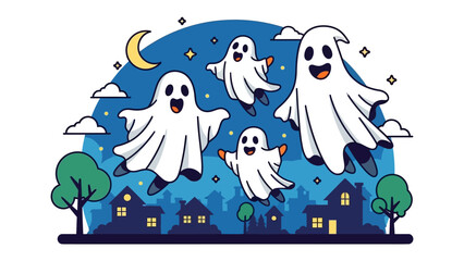 Obraz premium Spooky Ghosts in the Night: A whimsical illustration capturing a group of playful ghosts soaring joyfully against a backdrop of a starry night.