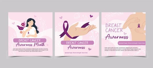 pink purple ribbon breast cancer awareness month social media post design template set