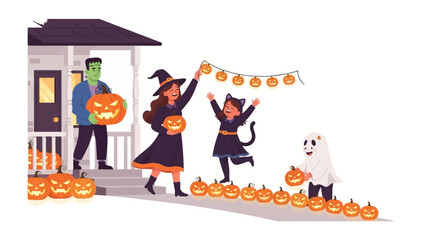 Halloween Family Celebration: Illustration depicts a cheerful family joyfully decorating their home for Halloween, featuring costumes, carved pumpkins, and festive garland. 