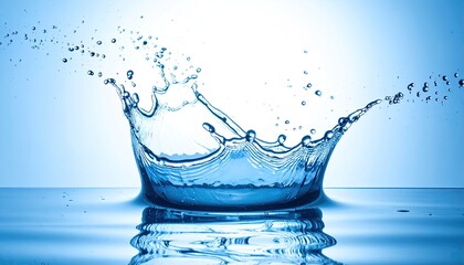 Clear Water Splash Forming a Crown Shape on Reflective Surface Against Light Blue Gradient Background, Illustrating Liquid Dynamics and Pure Refreshment