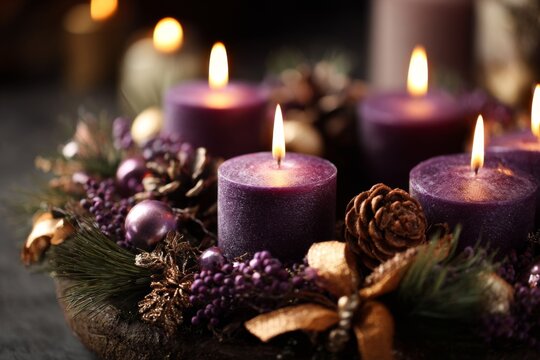 Lit purple candles are set on a wreath with berries and pine cones.