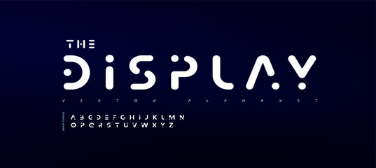 Futuristic geometric font bold minimalistic rounded alphabet with sleek tech aesthetics, merging cyber, digital, sci-fi and AI vibes into modern typeface for HUD, UI display. Vector typeset