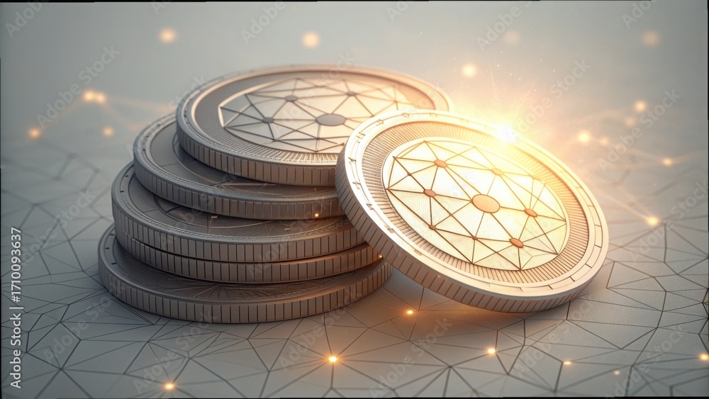 Poster stacked geometric coins with digital glow on abstract background
