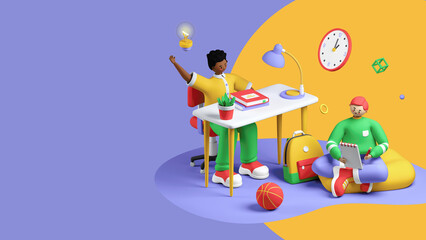 3D Students Studying with Books and School Supplies