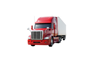 Vibrant Red Semi-Truck with White Trailer for Modern Logistics & Freight Transport Solutions. Essential for Efficient Supply Chains and Commercial Hauling.
