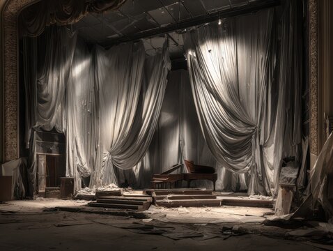 Hauntingly beautiful abandoned theatre stage with grand piano bathed in dramatic spotlight, evoking mystery and forgotten glamour
