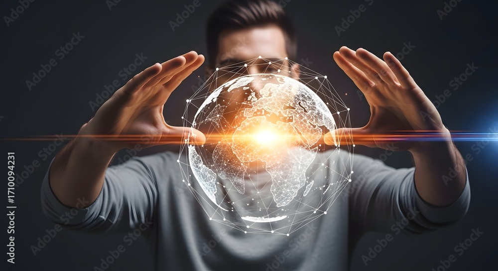 Aufkleber man holding digital globe connecting world with technology and global network connection concept