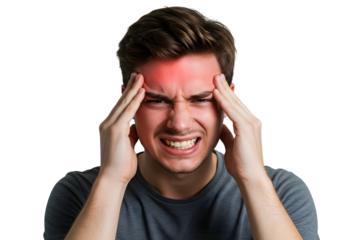 Man with a headache isolated on transparent background is touching his temples