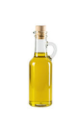Small, clear glass bottle, ergonomic handle, golden extra virgin olive oil, natural cork, isolated on transparent studio background, copy space, concept for premium product advertising.