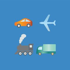 Modes of Transport: This illustration showcases various modes of transport on a gradient backdrop. Featuring a car, airplane, train and truck. Perfect for conveying the idea of travel and movement.