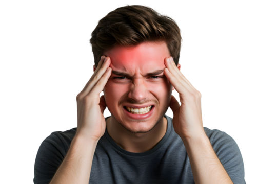 Man with a headache isolated on transparent background is touching his temples