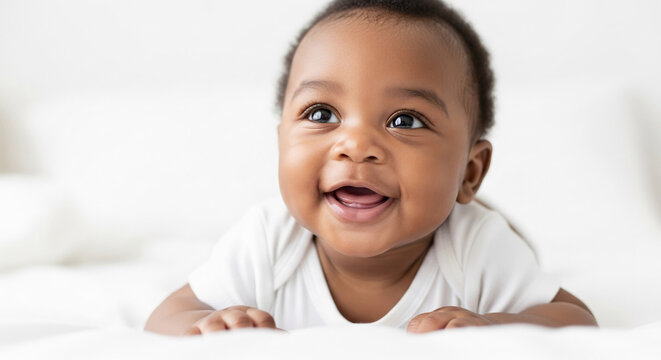 Smiling baby lying on its tummy, wearing white clothing, against a white background Joyful expression, symbolizing innocence and childhood