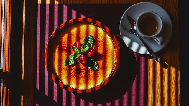 Top view of table with Trinity cream or Cambridge burnt cream, dessert decorated with fresh raspberries and mint, cup of espresso table, sunlight through blinds, morning dessert brulee in cafe