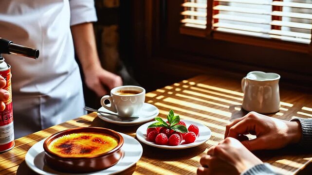 A chef prepares creme brulee by melting cane sugar on the dessert, bright sunlight on a cafe table, the camera slowly pans to the right