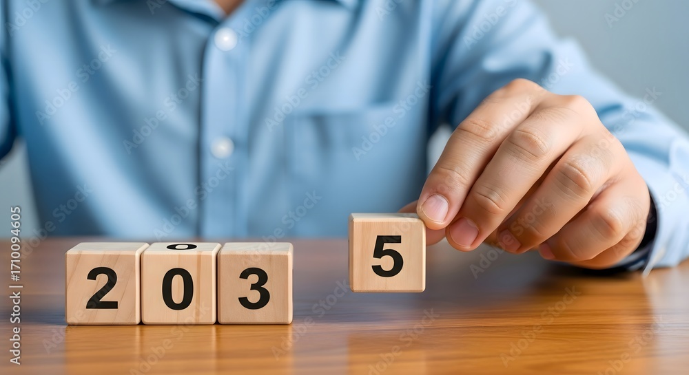 Poster man sets future year on wooden blocks concept of year change and planning for year two thousand thir
