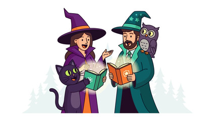 Mystical Gathering: A captivating illustration of a witch and wizard sharing secrets with an owl and cat under the moon. Embodying the Halloween spirit.