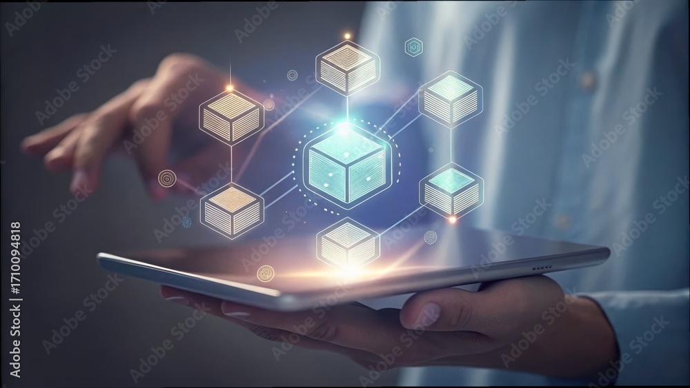 Poster digital interface showing smart contract elements over tablet screen