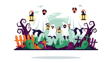 Halloween Family Gathering: A whimsical Halloween illustration of a family of ghosts, complete with lanterns, spooky trees, and graveyard, evoking a sense of playful and eerie fun.