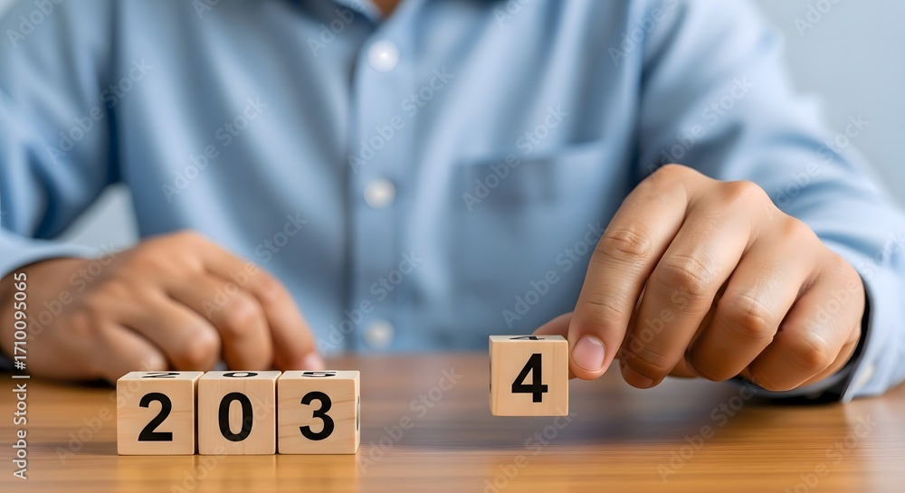 Poster new year concept image of hand placing block to change year to year two thousand thirty four