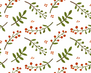 Seamless pattern of red berries and green leaves on a white background