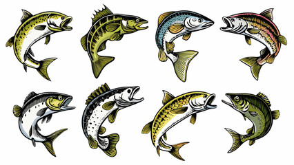 Collection of eight different types of game fish jumping