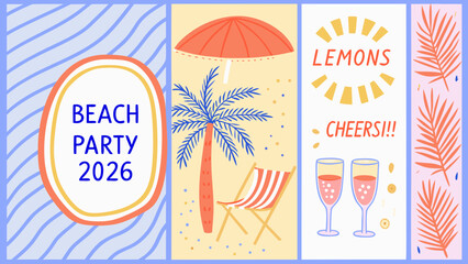 Beach party celebration with palm tree and drinks