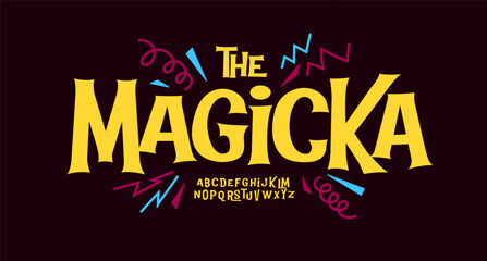 Obraz na płótnie Canvas Witty bright font features bold bouncy serif letters in fun fairytale style, blending magic, mystery and childish energy into a playful typeface for party headlines, posters, logos. Vector typeface.